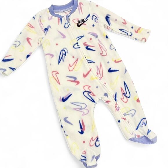 Nike Fleece Footed Sleeper Baby Unisex Multi Swoosh All Over Pastel Zip Up 0-3M - Picture 1 of 7